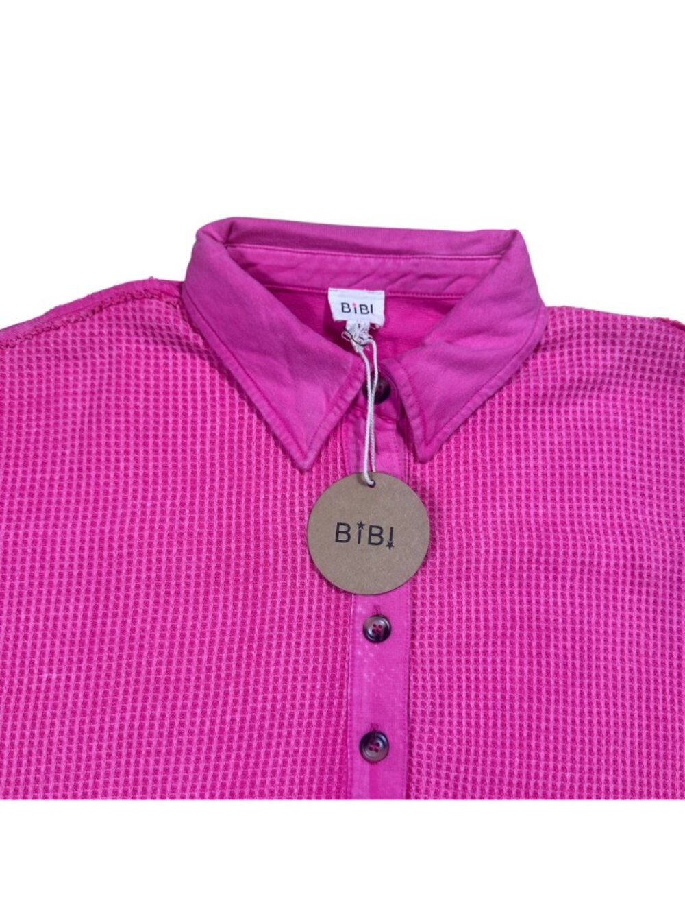 BIBI Dress XL Pink Washed Fuchsia Waffle Knit Polo Patch Pocket Y2K Minimalist - Picture 6 of 8